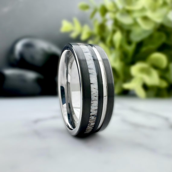 Silver Grey and Black Tungsten Ring, Deer Antler Inlay Wedding Band with Groove 8mm