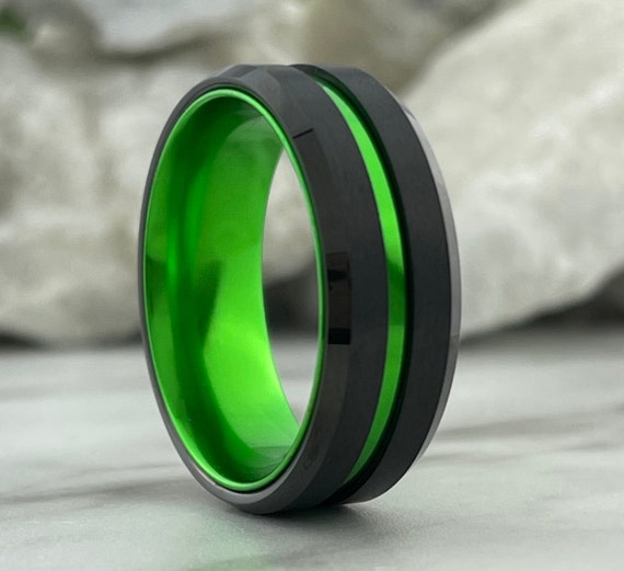 Green Black Tungsten Ring Men Wedding Band 8mm Size 5 to 14 His Anniversary Gift Comfort Fit Engagement Promise Ring