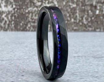 4mm Nebula Ring Black Hammered Alexandrite Thin Wedding Band Tungsten Carbide Purple Ring Men Women Engagement Ring
