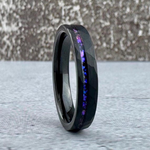 4mm Nebula Ring Black Hammered Alexandrite Thin Wedding Band Tungsten Carbide Purple Ring Men Women Engagement Ring