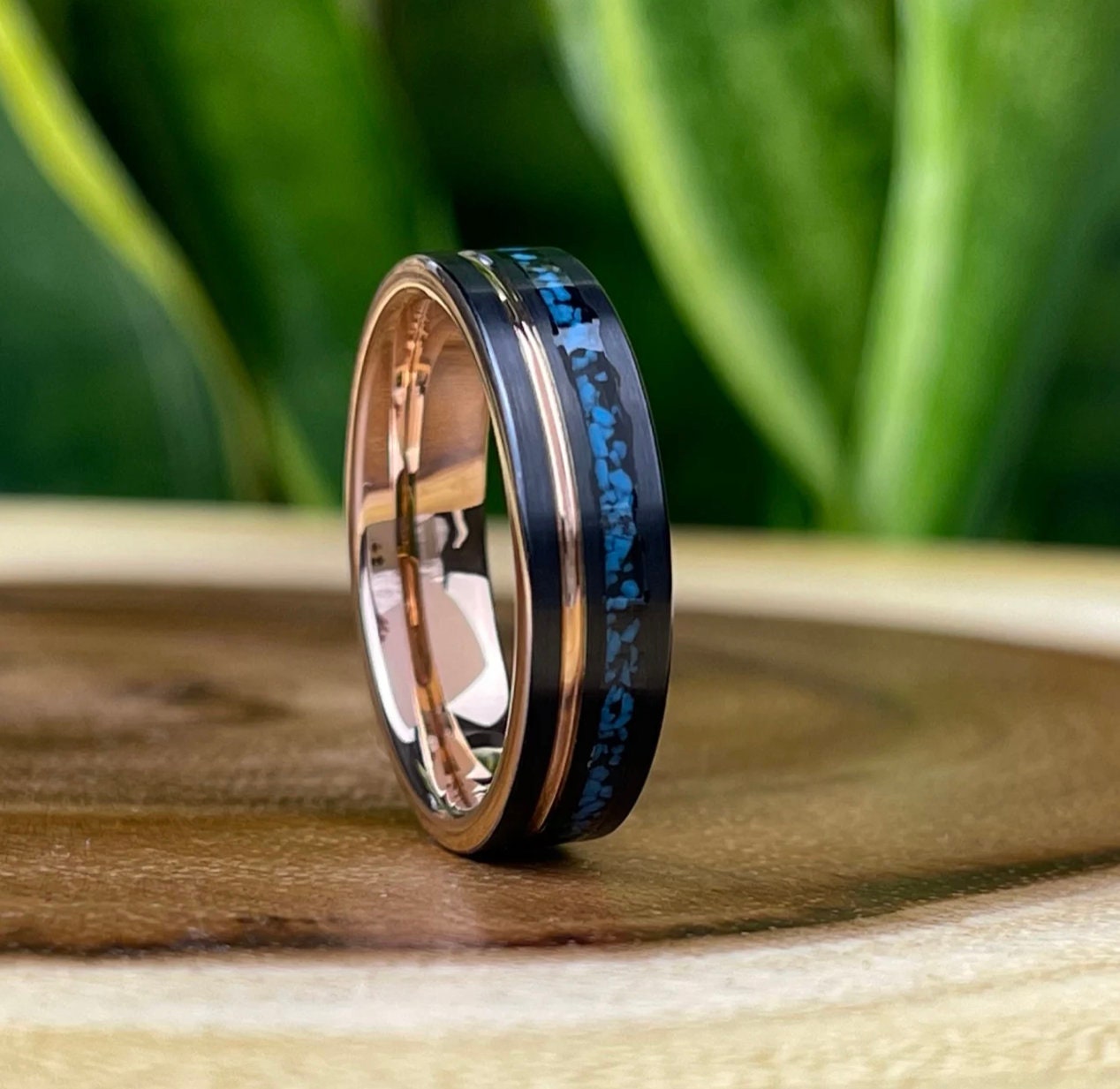 Rose Gold Men Wedding Band Set Turquoise Women Black Tungsten Carbide Ring  8MM 6MM Size 5 to 14 His Her Anniversary Engagement Promise Gift