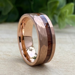 Rose Gold Hammered Tungsten Ring Wood Inlay Mens Wedding Band 8MM Comfort Fit Brushed Size 5 to 15 Male Unique Engagement Anniversary Gift