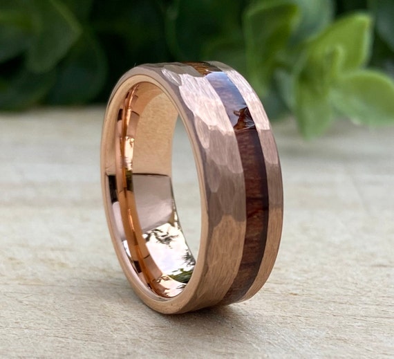 Rose Gold Hammered Tungsten Ring Wood Inlay Mens Wedding Band 8MM Comfort Fit Brushed Size 5 to 15 Male Unique Engagement Anniversary Gift