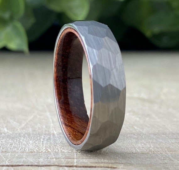 Hammered Grey Wedding Band Wood In Men Women Tungsten Ring Brushed Smash Design 6MM Size 5 to 14 His Her Unisex Anniversary Engagement Gift