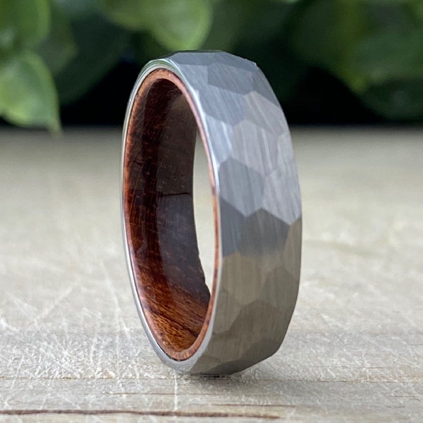 Hammered Grey Wedding Band Wood In Men Women Tungsten Ring Brushed Smash Design 6MM Size 5 to 14 His Her Unisex Anniversary Engagement Gift