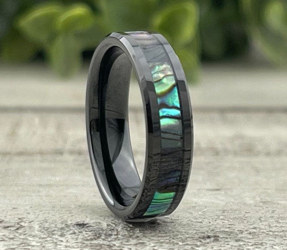 Men Black Wedding Band Abalone Inlay Tungsten Ring 6MM Size 5 to 14 Husband Wife Mother Of Pearl Anniversary Ring Women Engagement Ring