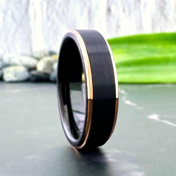Two Tone Black Rose Gold Tungsten Ring Men Women Wedding Band 6mm Classy Brushed Beveled Design