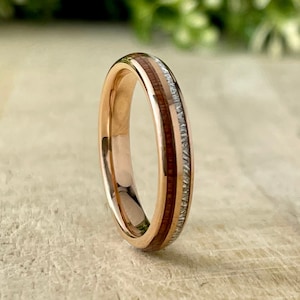 Rose Gold Wood Meteorite Ring Tungsten Carbide Wedding Band Men Women Polished Domed Design 4MM Size 4 to 14 His Her Anniversary Gift