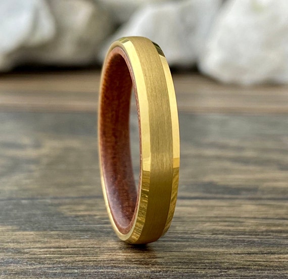 Yellow Gold Tungsten Ring Women 4mm Thin Wood Wedding Band Men Matte Finish Inside Rosewood Beveled Sizes 5 to 13 His Her Anniversary Gift