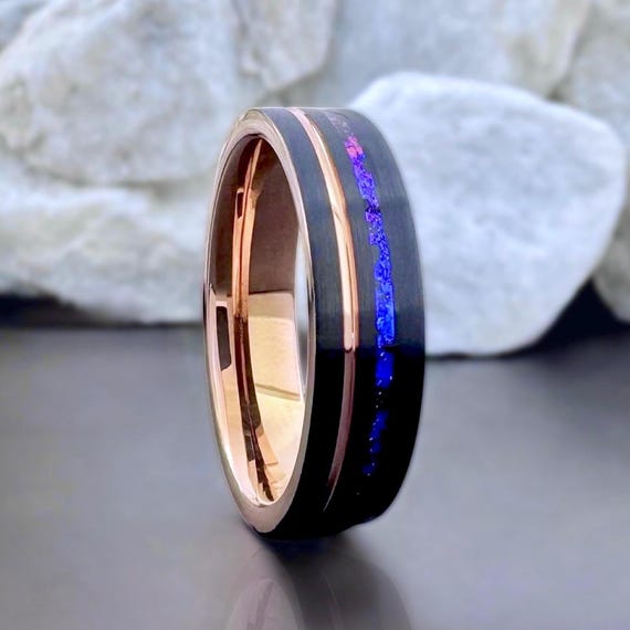 Amethyst Nebula Tungsten Carbide Ring Rose Gold and Black Wedding Engagement Ring for Men and Women 6mm , Christmas Gift For Her
