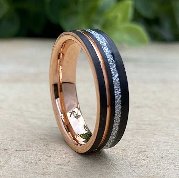 Meteorite Rose Gold Tungsten Ring Black Wedding Band Inlay Groove Men Women 6MM Size 4 to 14 His Her Engagement Anniversary Valentine Gift