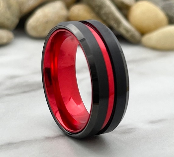 Red Wedding Band Men Black Tungsten Ring Aluminum 8mm Size 5 to 14 Anniversary Gift Engagement Promise Ring Personal Engraving