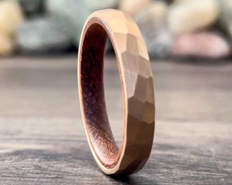 Rose Gold Hammered Wedding Band Thin Wood Inside Tungsten Ring Women Men 4MM Thin Matte Finish Size 5 to 13 Anniversary Engagement Gift Idea