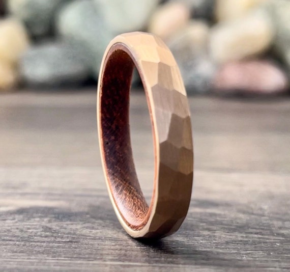 Rose Gold Hammered Wedding Band Thin Wood Inside Tungsten Ring Women Men 4MM Thin Matte Finish Size 5 to 13 Anniversary Engagement Gift Idea