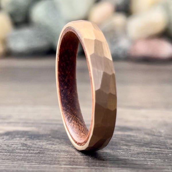 Rose Gold Hammered Wedding Band Thin Wood Inside Tungsten Ring Women Men 4MM Thin Matte Finish Size 5 to 13 Anniversary Engagement Gift Idea