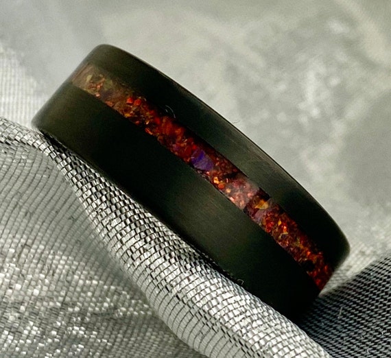 Black Tungsten Ring Red Opal Inlay Wedding Band Mens 8MM Brushed Comfort Fit Size 5 to 15 Male His Anniversary Engagement Special Gift