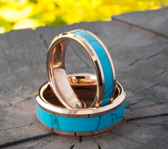 Turquoise Tungsten Ring Rose Gold Wedding Bands Men Women Anniversary Gift 8MM 6MM Size 4-15 His Her Duo Set or One Engagement Promise Ring