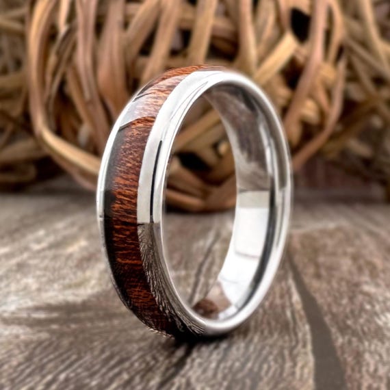 Koa Wood Tungsten Ring Women Wedding Band Men's Gray Silver Polished Dome 6mm Unisex Ring