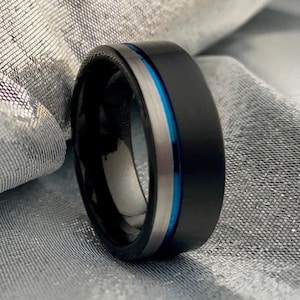 Black Grey Tungsten Ring Blue Inlay Men Wedding Band Brush 8MM Size 5 to 15 Male Promise Anniversary Engagement Husband Gift Police Blue