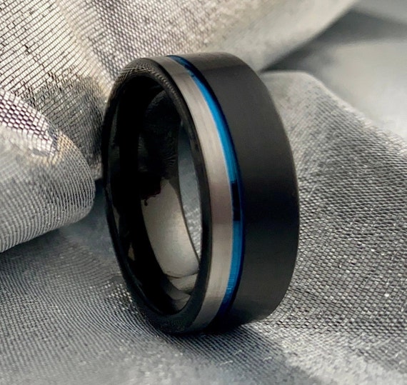 Black Grey Tungsten Ring Blue Inlay Men Wedding Band Brush 8MM Size 5 to 15 Male Promise Anniversary Engagement Husband Gift Police Blue