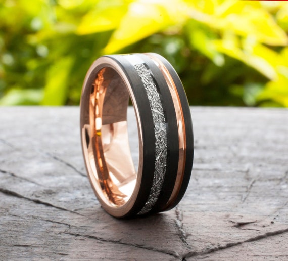 Rose Gold Tungsten Ring Black Wedding Band Meteorite Inlay Groove Men 8MM Comfort Fit Size 5 to 15 Husband Unique Anniversary Valentine Gift