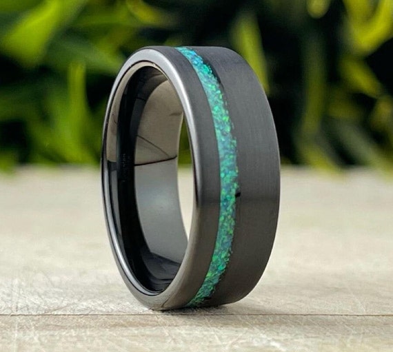 Black Tungsten Ring Green Blue Opal Inlay Wedding Band Men 8MM Brushed Comfort Fit Size 5 to 14 Male His Anniversary Engagement Special Gift