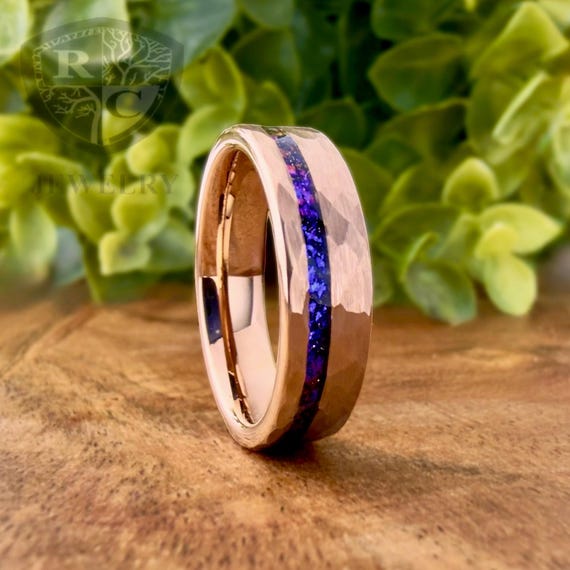 Nebula Space Galaxy Rose Gold Tungsten Hammered Ring Alexandrite Men Women Wedding Engagement Band Anniversary Gift