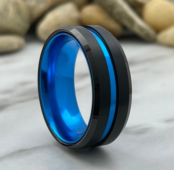Blue Black Wedding Band Men Tungsten Ring 8mm Size 5 to 14 Engagement Promise Ring Great Anniversary Gift Comfort Fit  Personal Engraving