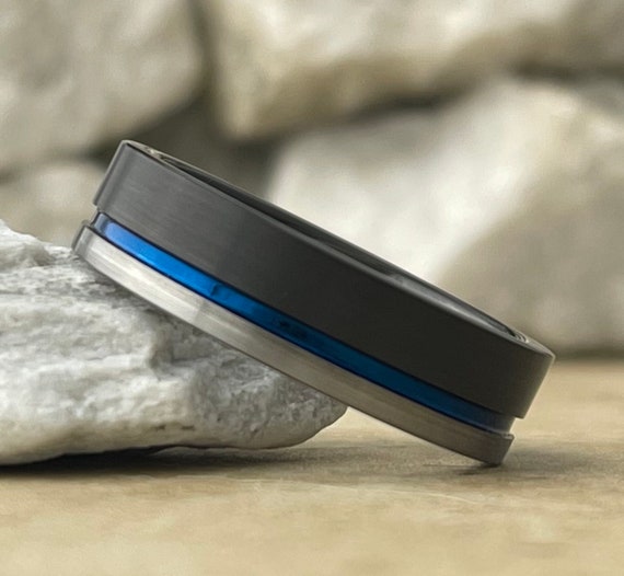 Black Wedding Band Grey Blue Inlay Men Tungsten Ring Brush 6MM Size 5 to 14 Male Promise Anniversary Engagement Husband Gift Police Blue