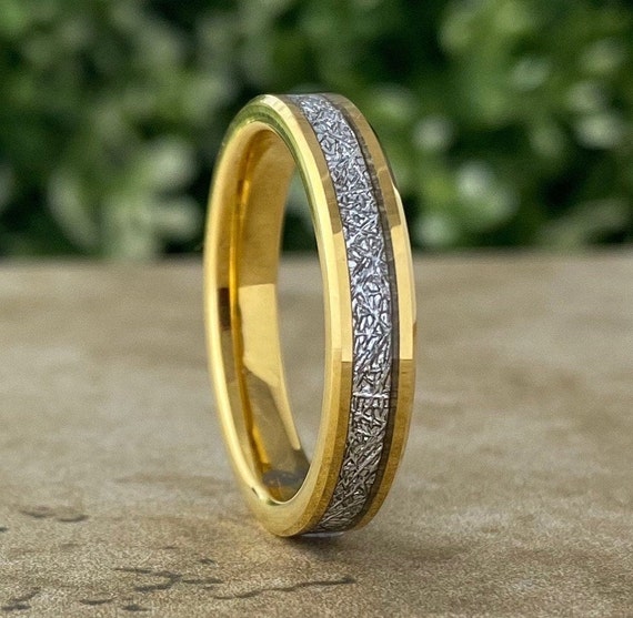 Thin Meteorite Tungsten Ring Yellow Gold 4mm Wedding Band Women Beveled Skinny Style Size 4 to 14 Wife Tiny Anniversary Men Engagement Gift