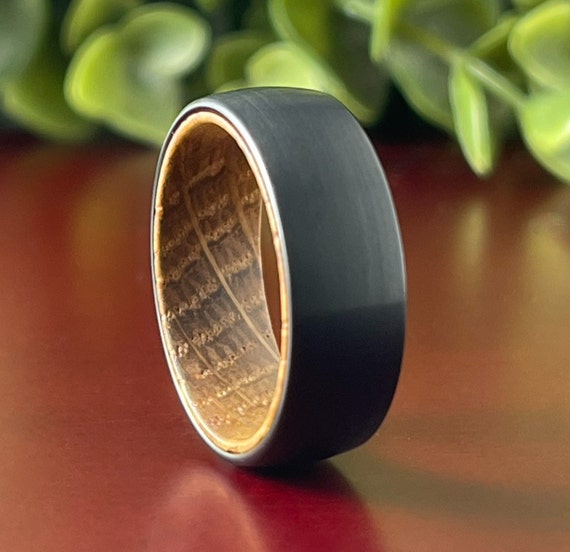 Whiskey Barrel Wood Ring Black Tungsten Carbide Men's Wedding Band Anniversary Gift for Him 8MM Width Size 5 to 14 Male Engagement Ring