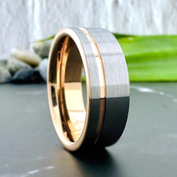 Men Rose Gold Tungsten Ring with Groove Gray Silver Brushed Finish Wedding Band for Women 8MM