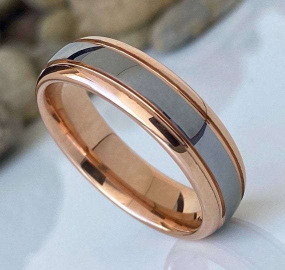 Rose Gold Tungsten Ring Grey Silver Color Wedding Band Men Women High Polished 6MM Sizes 5 to 14 His Engagement Anniversary Valentine Gift