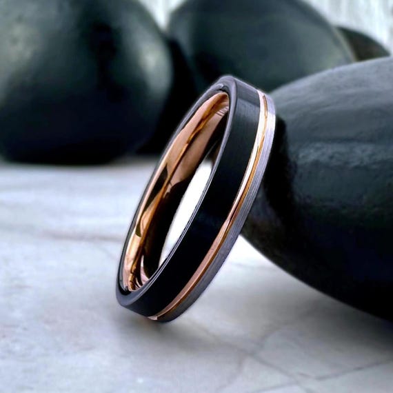 Thin Rose Gold Wedding Band Black and Gray Tri Color Tungsten Ring for Women Men 4mm Comfort Fit His Her Engagement Ring