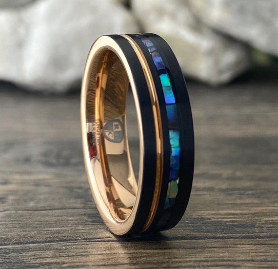 Mother Of Pearl Rose Gold Tungsten Ring Women Men Wedding Band Black Brushed Finish 6MM Size 5 to 14 His Her Anniversary Engagement Gift