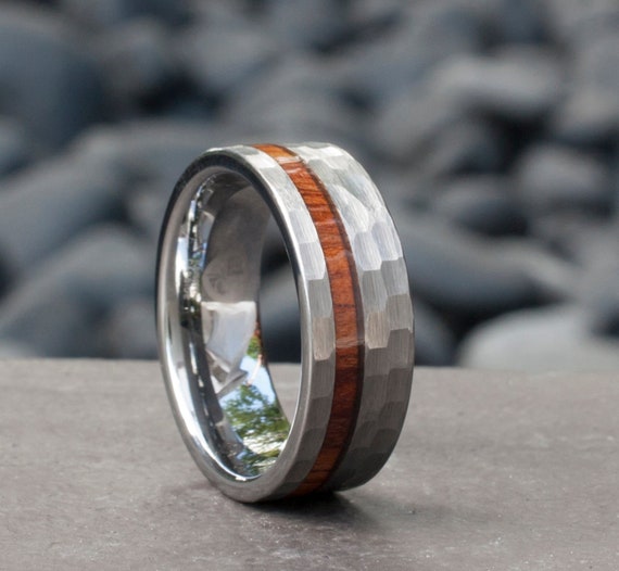 Hammered Grey Tungsten Ring Wood Inlay Male Wedding Band Mens 8MM Comfort Fit Design Size 4 to 15 His Anniversary Gift Personalized Services
