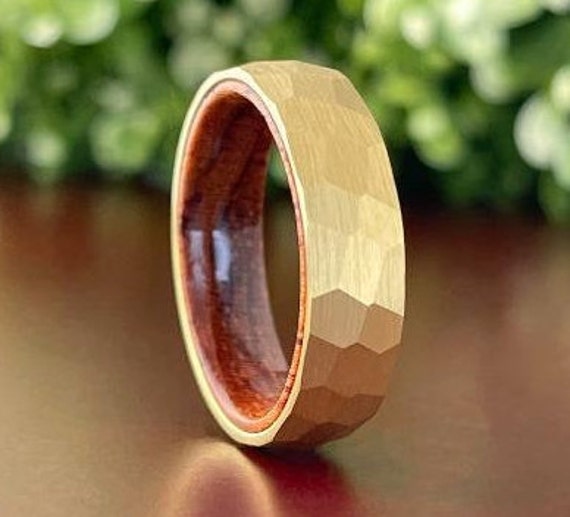 Hammered Gold Tungsten Ring Men Women Wedding Band Wood Inside Domed Design His Her 6MM Size 5 to 14 Rosewood Anniversary Gift Promise Ring