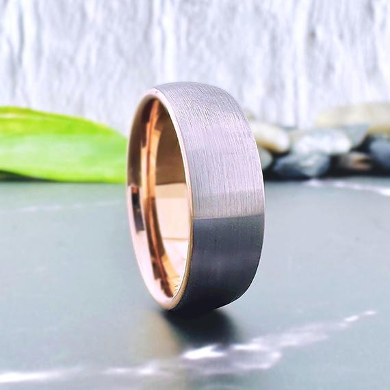 Two-Tone Rose Gold and Silver Gray Wedding Band Mens Tungsten Ring Brushed Design 8MM Width Male Engagement Promise Gift