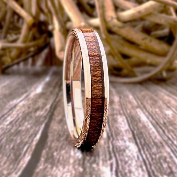 Women Wood Wedding Band Rose Gold Thin Ring 4MM Men Engagement Koa Wood Ring