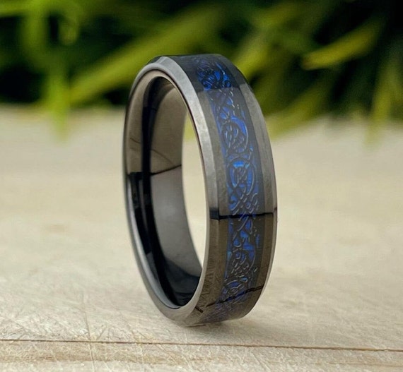 Dark Blue Celtic Black Tungsten Ring Men Women Wedding Band 6MM Sizes 5 to 14 His or Her Anniversary Gift Male Engagement Promise Ring