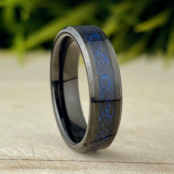 Dark Blue Celtic Black Tungsten Ring Men Women Wedding Band 6MM Sizes 5 to 14 His or Her Anniversary Gift Male Engagement Promise Ring