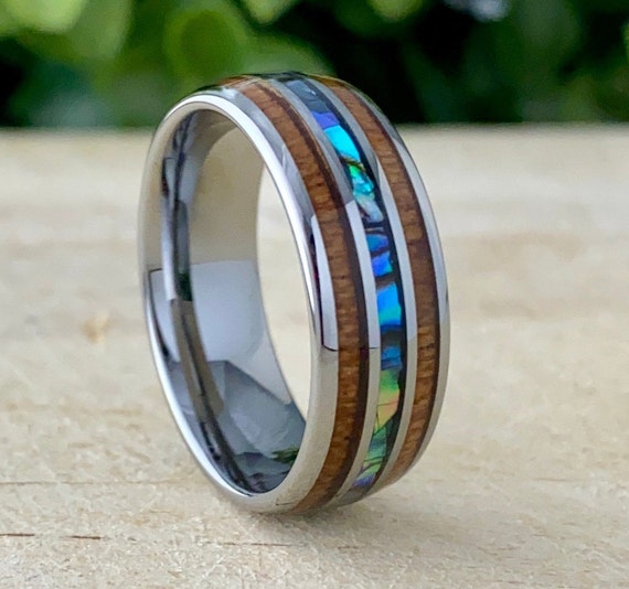 Wood Mother Of Pearl Grey Tungsten Ring Men Wedding Band 3 Inlay Size 5 to 15 His Her Abalone Male 8MM Anniversary Engagement Father Gift