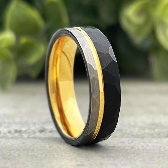 Tri-Color Gold Ring Black Gray Hammered Brushed Tungsten Wedding Band Women Men 6MM Anniversary Engagement Ring