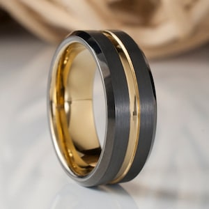 Gold Tungsten Ring Black Gunmetal Male Wedding Band Unique Men Comfort Fit 8MM Sizes 5 to 15 Circle Husband Anniversary Special Gift Idea