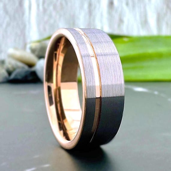 Men Rose Gold Tungsten Ring with Groove Gray Silver Brushed Finish Wedding Band for Women 8MM