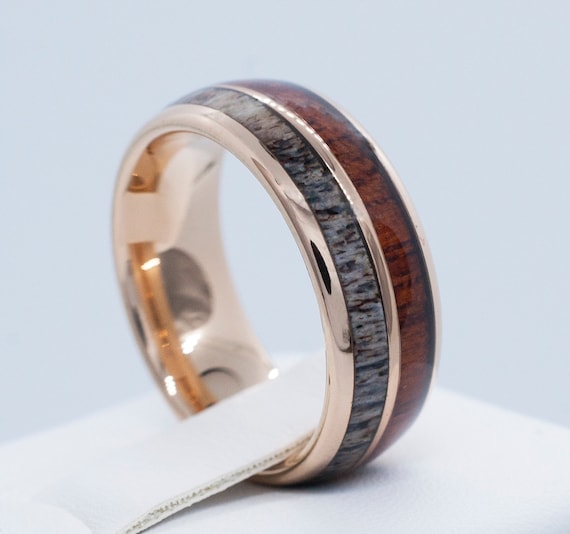 Male Wedding Band Rose Gold Deer Antler Wood Tungsten Ring Men High Polish Domed Design 8MM Size 5 to 15 His Her Anniversary Engagement Gift