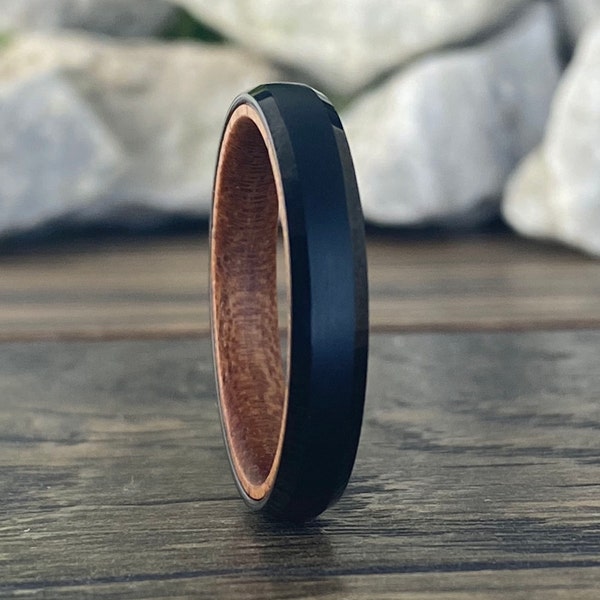 Wood Inside Black Tungsten Ring 4mm Thin Wedding Band Women Satin Rosewood Beveled Men Sizes 5 to 13 His Her Anniversary Unique Skinny Gift