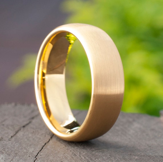 Mens Gold Wedding Band Tungsten Carbide Ring Brushed Jewelry Design 8MM Sizes 5 to 15 Best His Or Her Wedding Anniversary Gift Comfort Fit