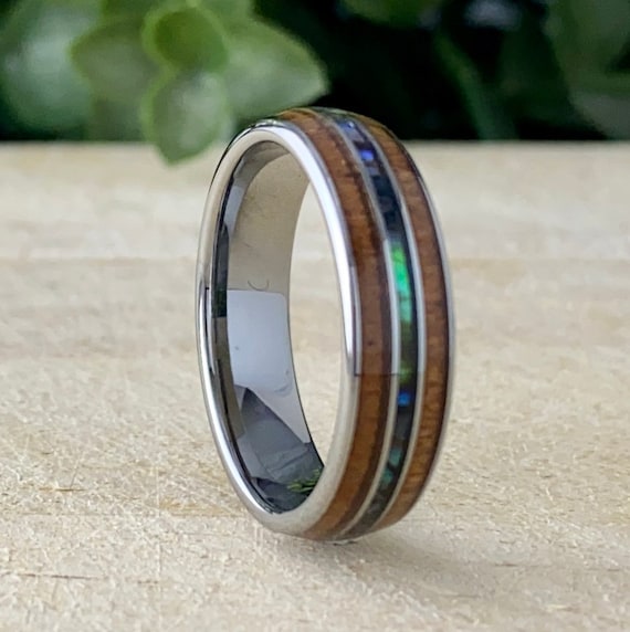 6MM Wood Abalone Shell Tungsten Ring Men Women Wedding Band Grey 3-Layer Design Size 5 to 14 Mother of Pearl His Hers Anniversary Gift Idea