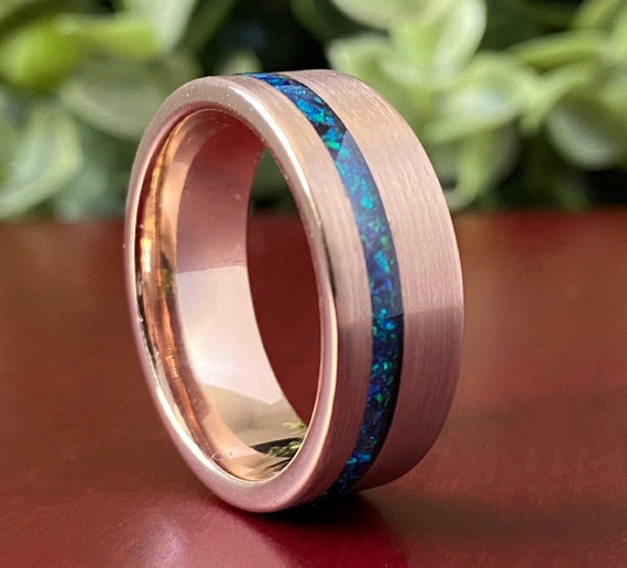 Rose Gold Tungsten Ring Green Opal Wedding Band Men 8MM Brushed Finished Size 5 to 14 Male Promise Anniversary Engagement Promise Gift